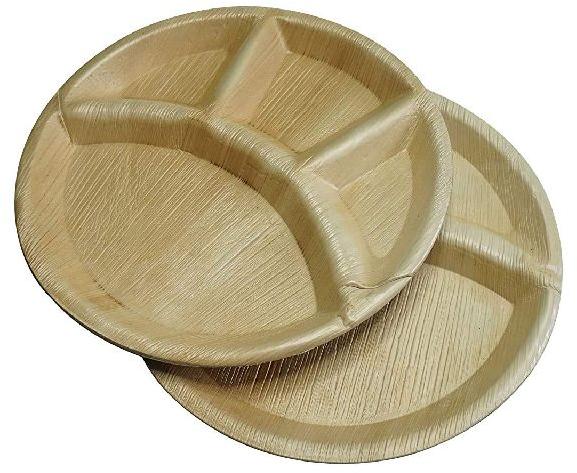 4 Compartment Round Areca Leaf Plate, for Serving Food, Feature : Disposable