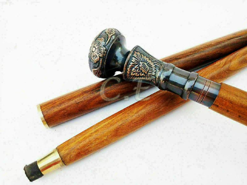 2 Round Black Head Solid Brass Wooden Walking Stick Cane Gift Brass Handle