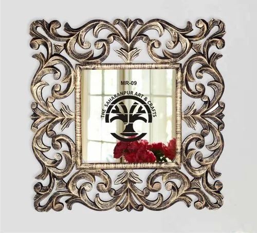 Carving Wooden Golden Mirror, Size : 24x24 Inch