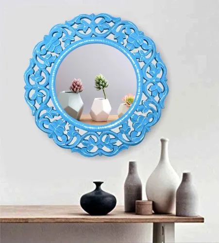 Round Wooden Sky Blue Frame Mirror, Size : 20inch