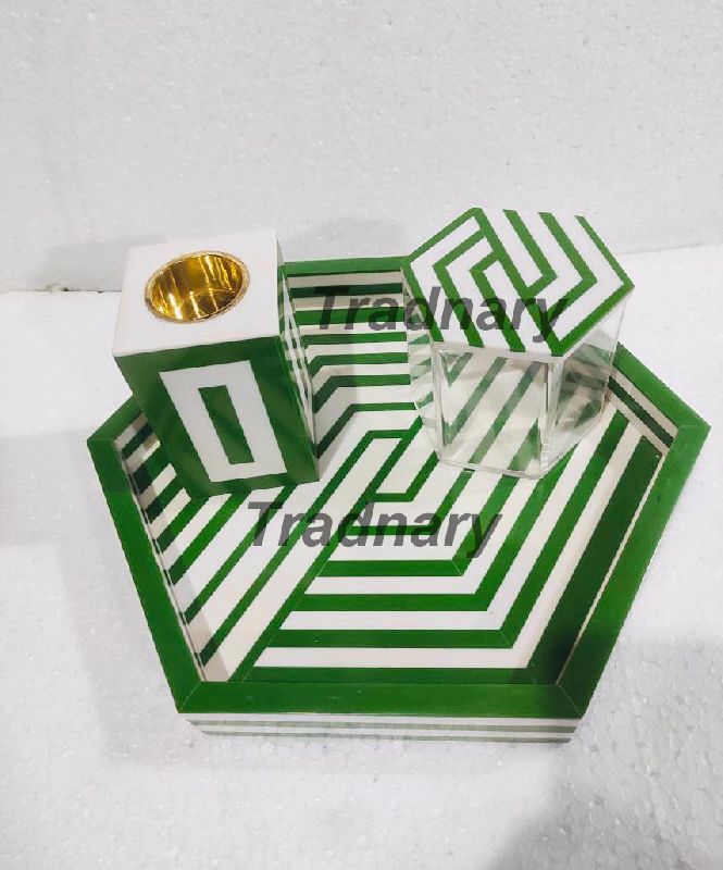 Green Resin Inlay Incense Burner Set In Hexagon Shape Bakhoor Set From Tradnary