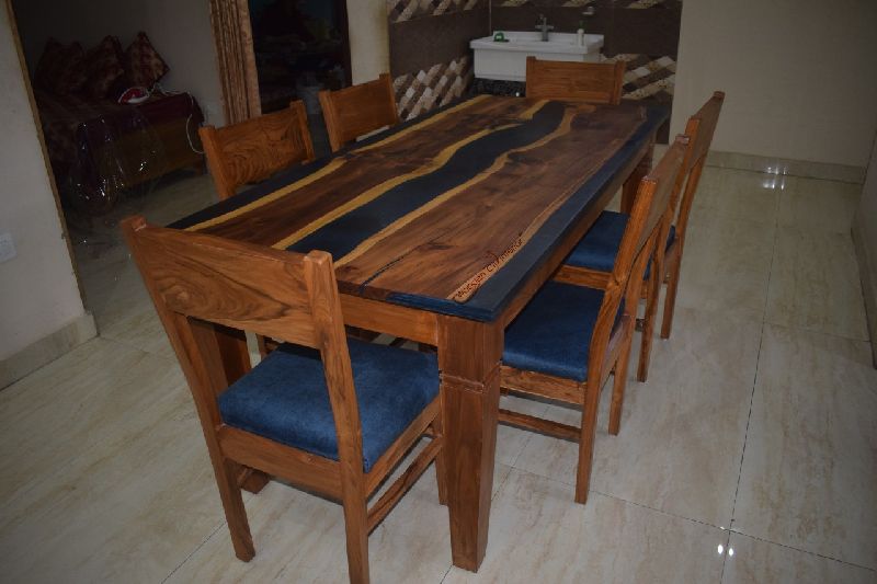 Square teak wood dining table set, for Restaurant, Office, Hotel, Home, Pattern : Epoxy design