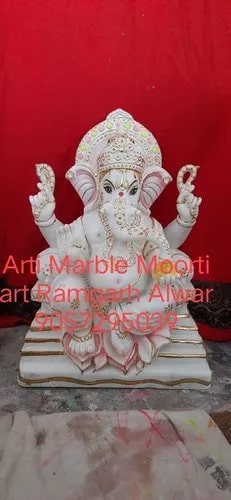 Jhiri Stone Marble Ganesh Statue, for Worship, Temple, Pattern : Carved