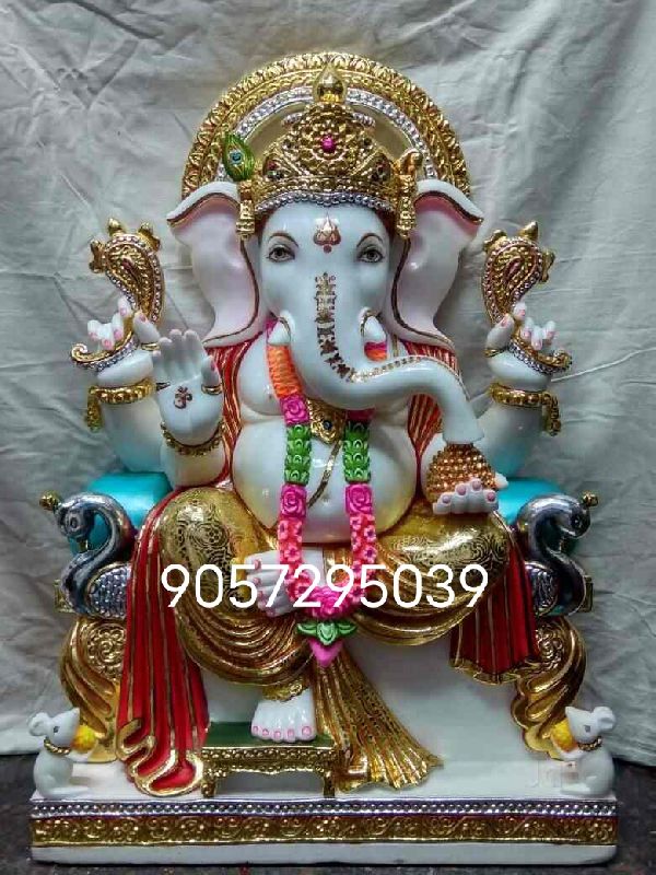 Makarana Rectangular Marble Ganesha Statue, for Temple, Office, Home, Pattern : Printed