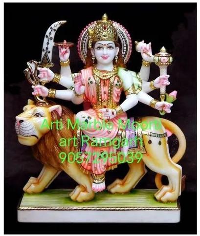 Multicolor Marble Durga Statue with Lion, Packaging Type : Carton Box, Thermocol Box