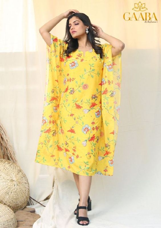 Gaaba Printed Daffodils Yellow Muslin Kaftan, Occasion : Lounges, Pool Party, Smart Casual, Vacations