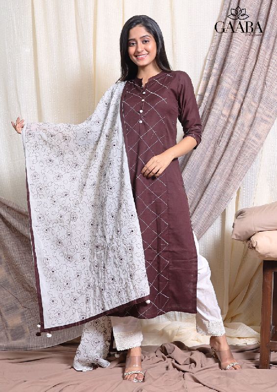 DUSKY BROWN KURTA IN COTTON WITH BEAUTIFUL EMBROIDERED MUL DUPATTA