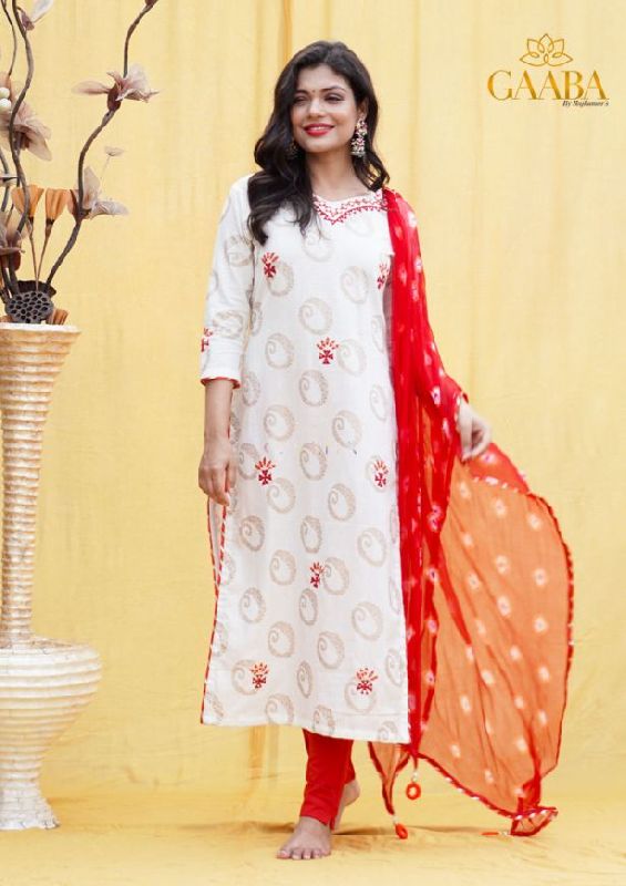 Kora Handblock Kurta with Bandhej Dupatta