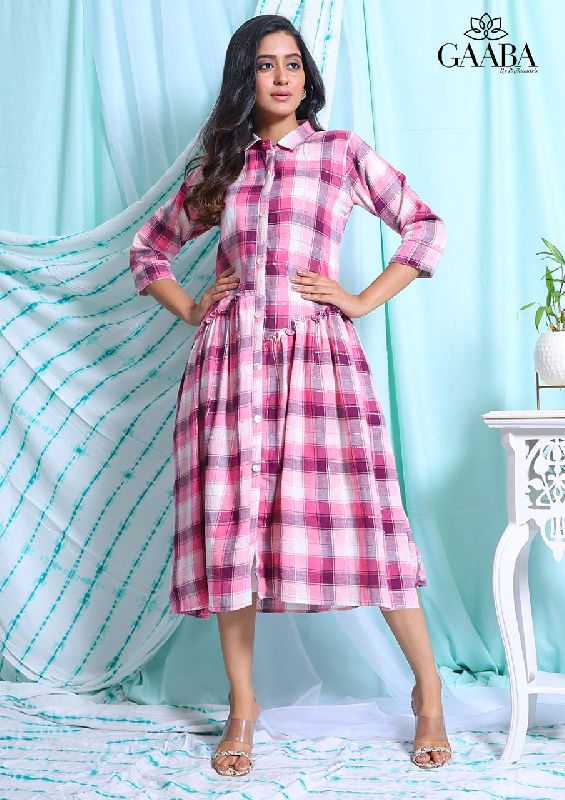 GAABA COTTON pink dynamic checks dress, Size : 38-46