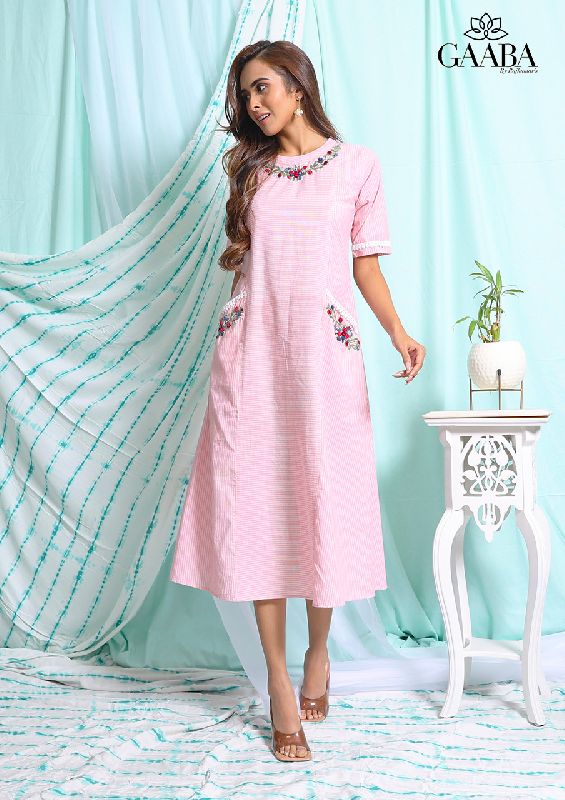 PINK STRIPE HAND EMBROIDERY DRESS