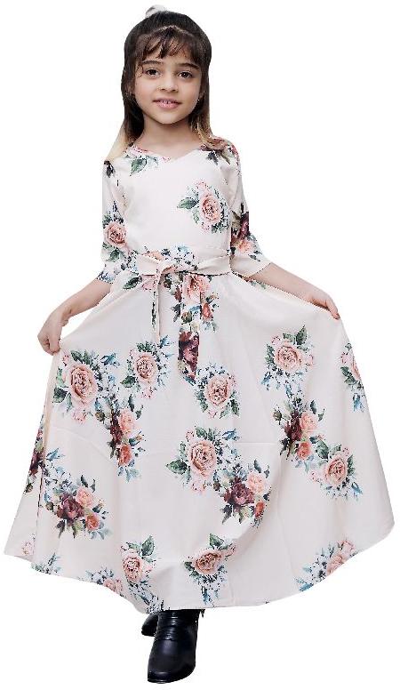 Girls Beige Floral Printed V Neck Fit and Flare Gown with Belt