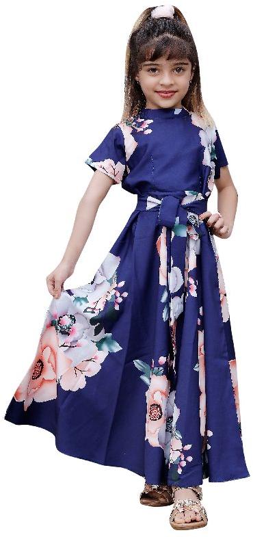 Girls Blue Floral Printed Band Neck Fit and Flare Dress