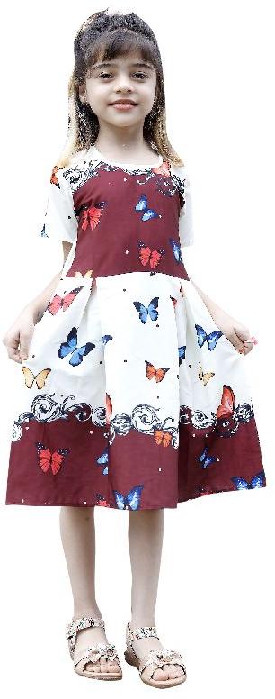 Girls Butterfly Printed Round Neck A Line Dress