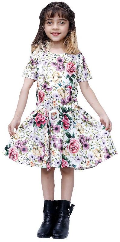 Girls Floral Printed A Round Neck Line Short Dress With Belt