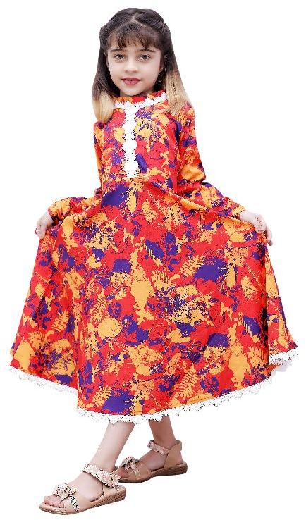 Girls Orange Floral Printed Round Neck Fit and Flare Gown