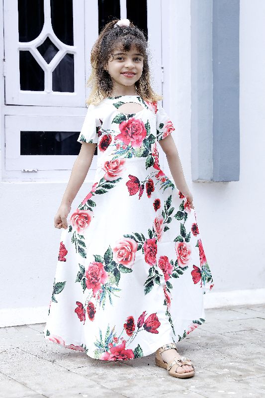 Girls White Floral Printed Keyhole Neck Fit and Flare Gown