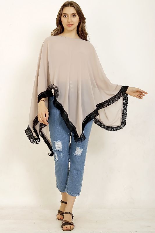 Ladies Grey Round Neck Lace Border Poncho