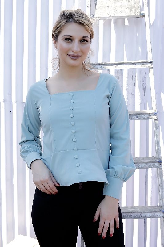 Ladies Mint Green Button Square Neck Top