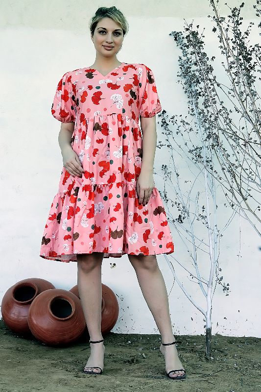 Ladies Peach Floral Printed A Line Short Dress