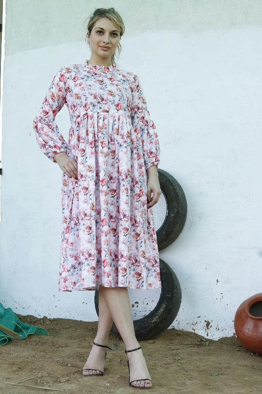 Ladies White Floral Printed A Line Long Dress