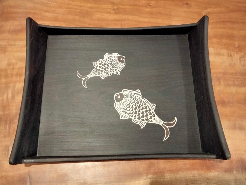 Square Fish Print Wooden Tray, for Serving Use, Feature : Durable