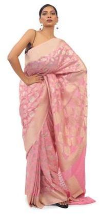 Golden & Silver Work Pink Soft Georgette Saree