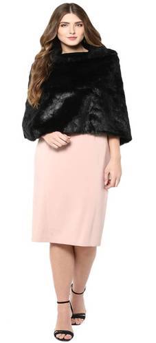 Ladies Black Woolen Fur Cape Wrap Top