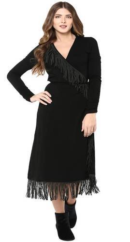 Ladies Black Woolen Lycra Tasseled Dress