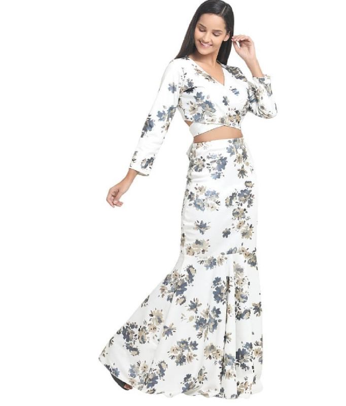 Printed Fish Cut Long Skirt with Overlapping Blouse