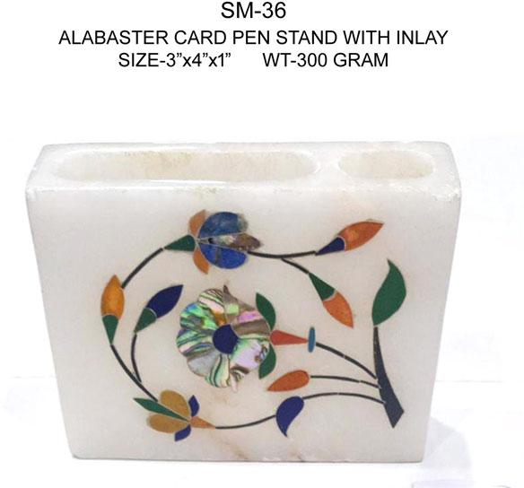 Alabaster Stone Card Pen Stand With Inlay Work