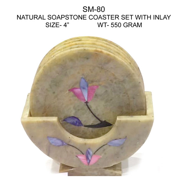 Natural Soapstone Coaster Set with Inlay Work