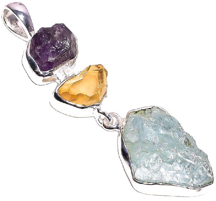 Aquamarine Citrine Raw Gemstone 925 Sterling Silver Pendant