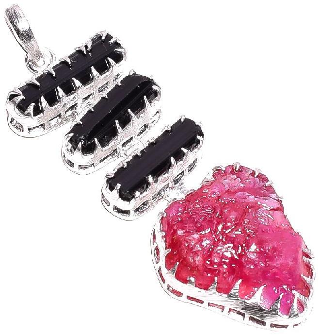 Corundum Ruby Black Tourmaline Raw Gemstone Pendant