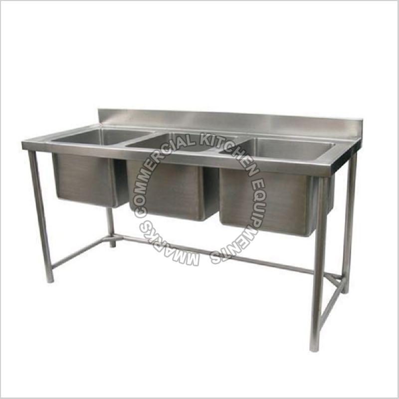 Rectangular Metal Polished Three Sink Unit, for Commercial, Feature : Durable