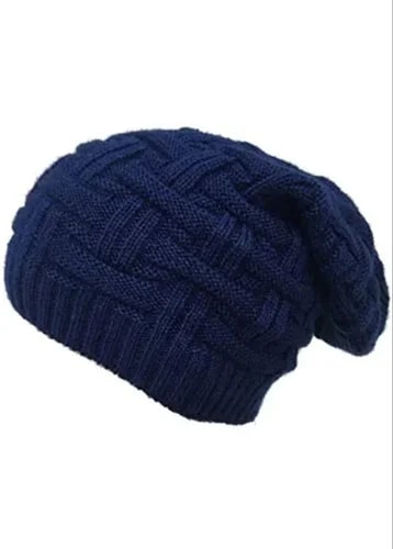 Plain Woolen Winter Blue Beanie Caps, Size : Standard