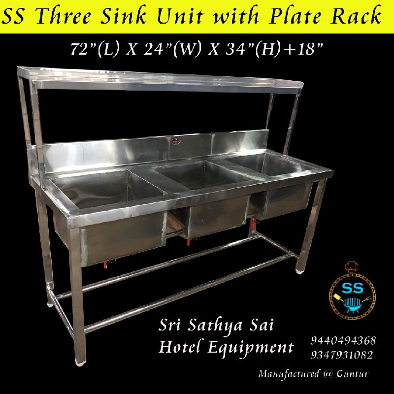 Rectangular Stainless Steel Triple Bowl Sink, for Hotel, Restaurant, Color : Silver