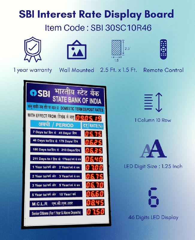 Rectangular SBI Electronic Interest Rates Board, for Notice, Feature : Easily Programmable