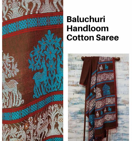 Baluchari Handloom Cotton Saree, for Anti-Wrinkle, Age Group : Adults