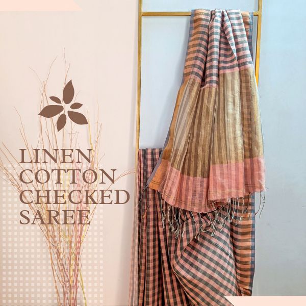 Linen Cotton Checked Saree, for Anti-Wrinkle, Packaging Type : Packet