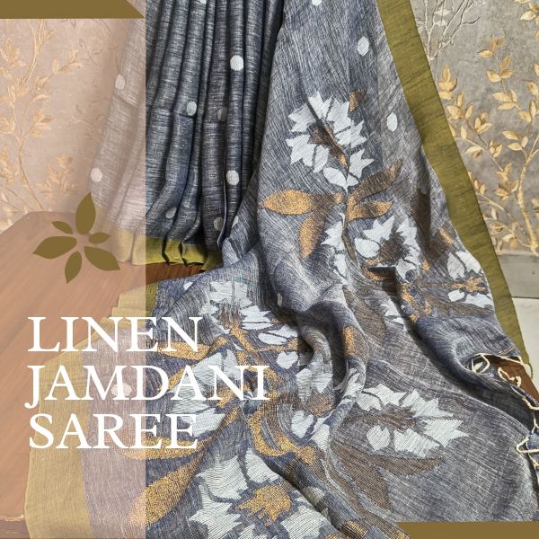 Linen Jamdani saree, for Anti-Wrinkle, Shrink-Resistant, Age Group : Adults