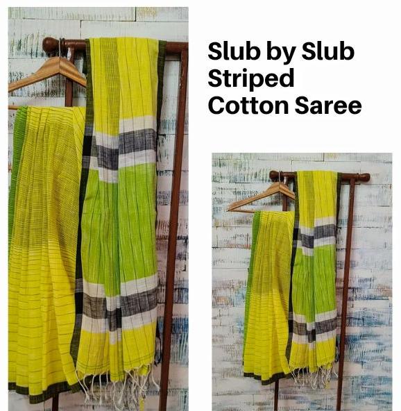 Slub by Slub Striped Cotton Saree, for Anti-Wrinkle, Shrink-Resistant, Packaging Type : Packet