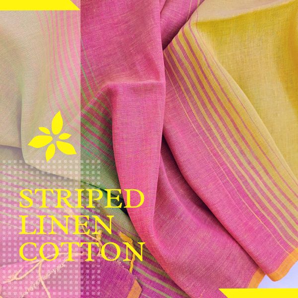 Handwoven Striped Linen Cotton Saree, Age Group : Adults