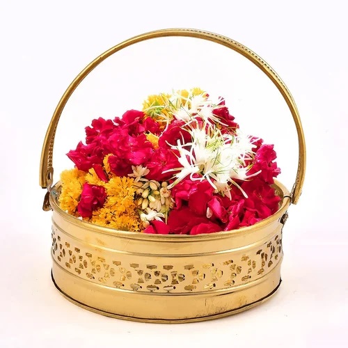 Round Brass Pooja Flower Basket, Color : Golden