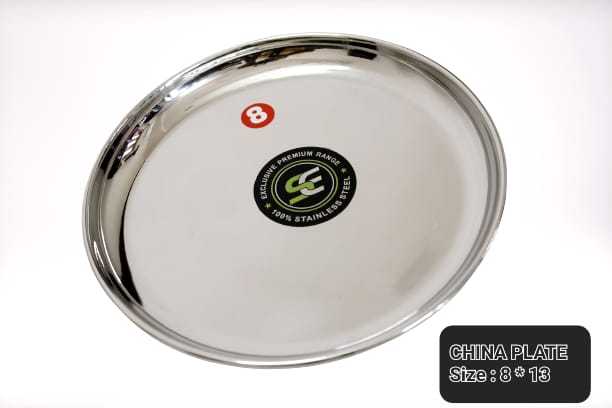 Silver Stainless Steel Round China Plate, for Serving Food, Size : 8x13 Inch