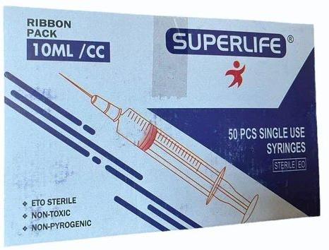 White Polypropylene (PP) 10ml Superlife Disposable Syringe, Packaging Type : Box