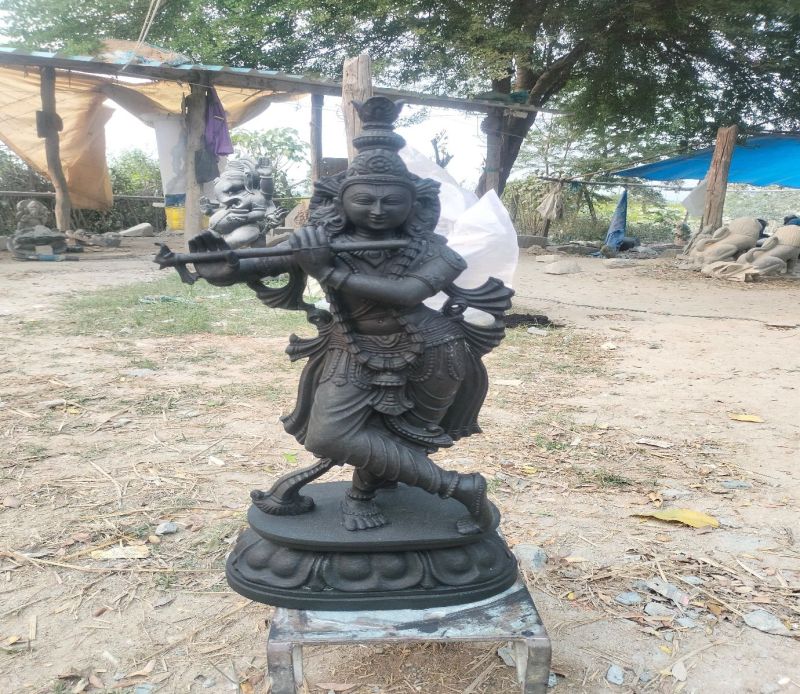 Polished Black Stone Krishna Statue, For Temple, Home, Office