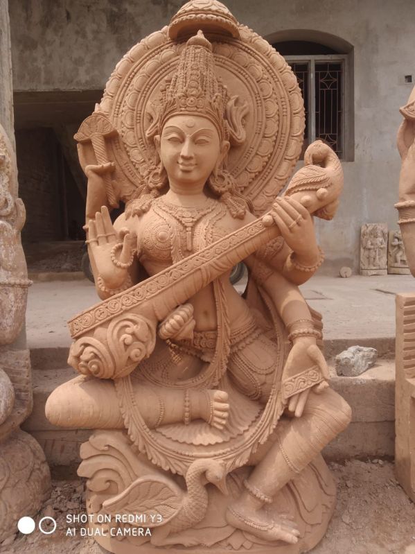 Brownish Sand Stone Saraswati Statue, for Office, Home, Temples, Size : 5 Feet