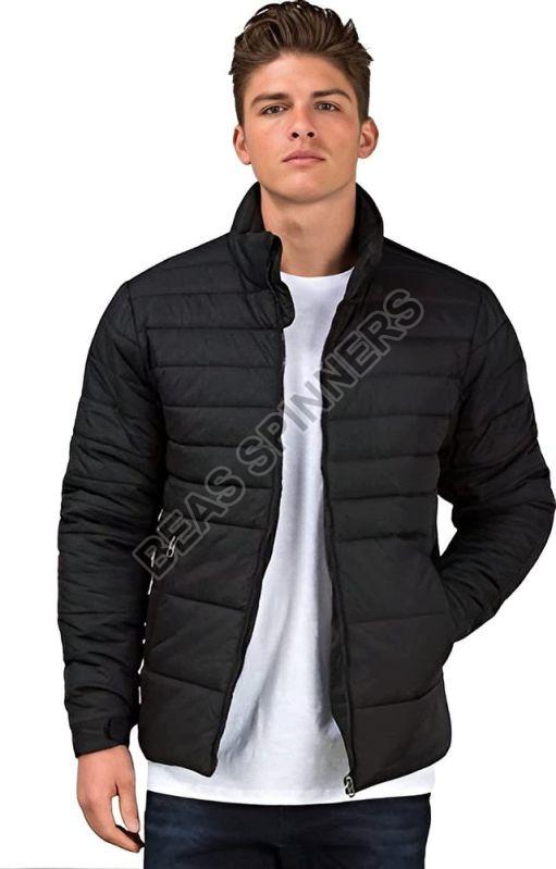 Regular Fit Plain Polyester Men Black Quilted Jacket, Sleeve Type : Full Sleeves