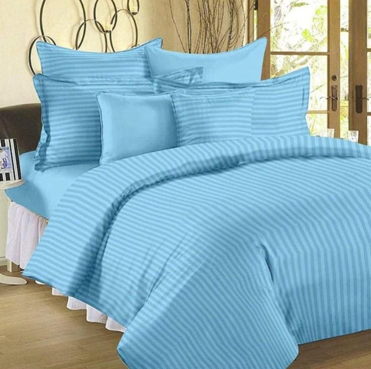 Sky Blue Stripe Bed Sheet Set, for Home, Hotel, Feature : Anti Shrink, Anti Wrinkle, Easy To Clean