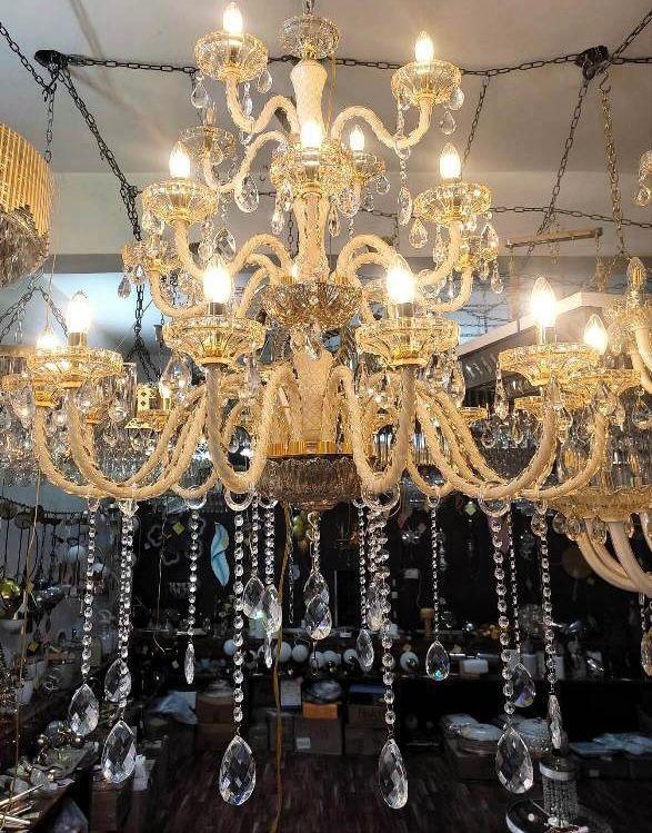Electric Glass Polished Crystal Hanging Chandelier, For Banquet Halls, Home, Hotel, Office, Color : Yellow